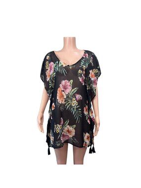 Kona Sol Women’s Small Semi Sheer Floral Print Cover up Beach Dress-Tazzel Sides